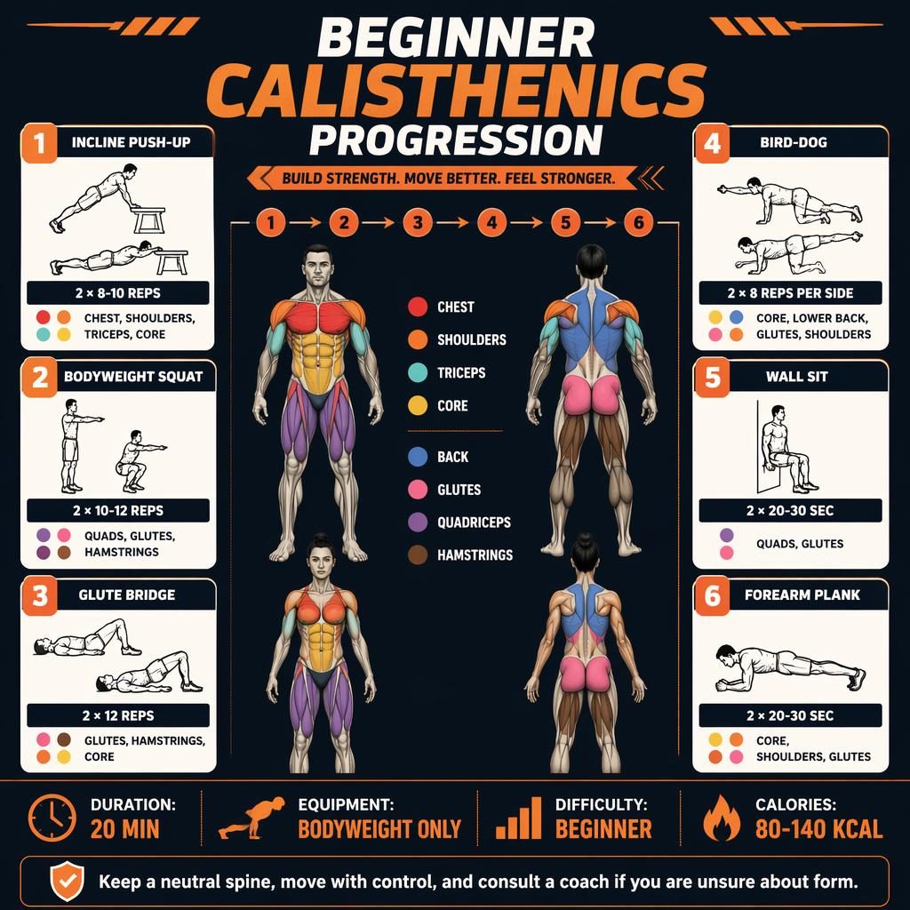 Portrait fitness infographic with male and female anatomy figures and 6 beginner bodyweight exercise cards around them.