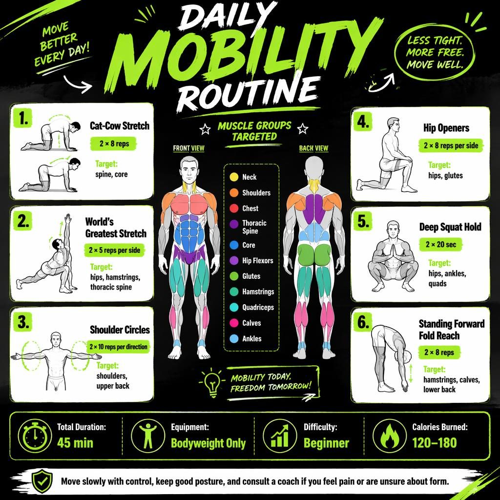 Neon green and black poster workout infographic with front/back anatomy figure, highlighted muscles, 6 mobility exercise cards.