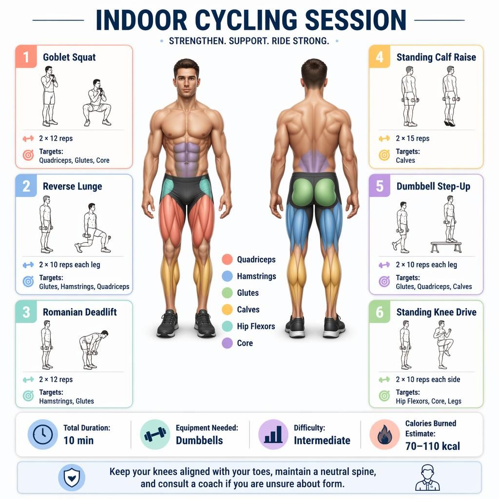 Fitness infographic poster with front and back muscle map, 6 leg exercises, quick stats, and safety tip on white background.