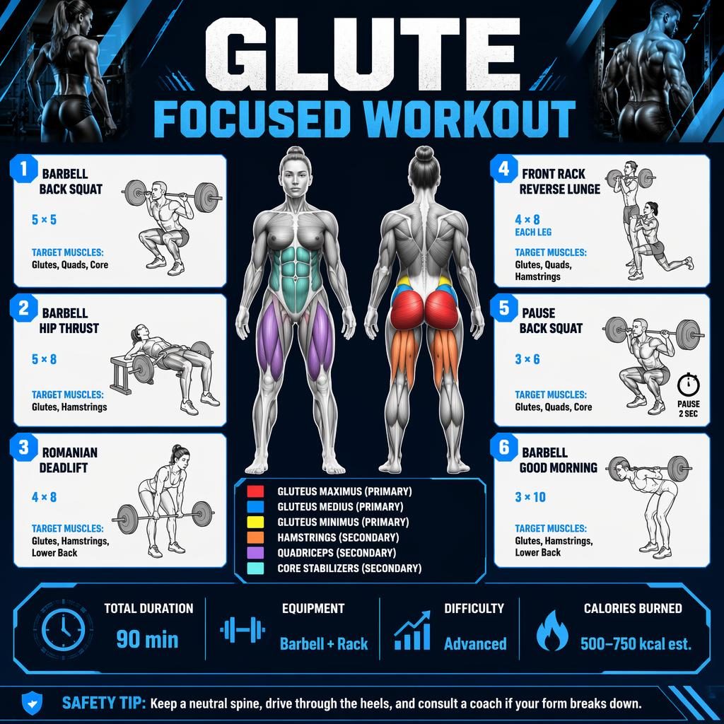 Blue gym infographic with front and back anatomy figure, highlighted glutes, and 6 barbell glute workout cards.