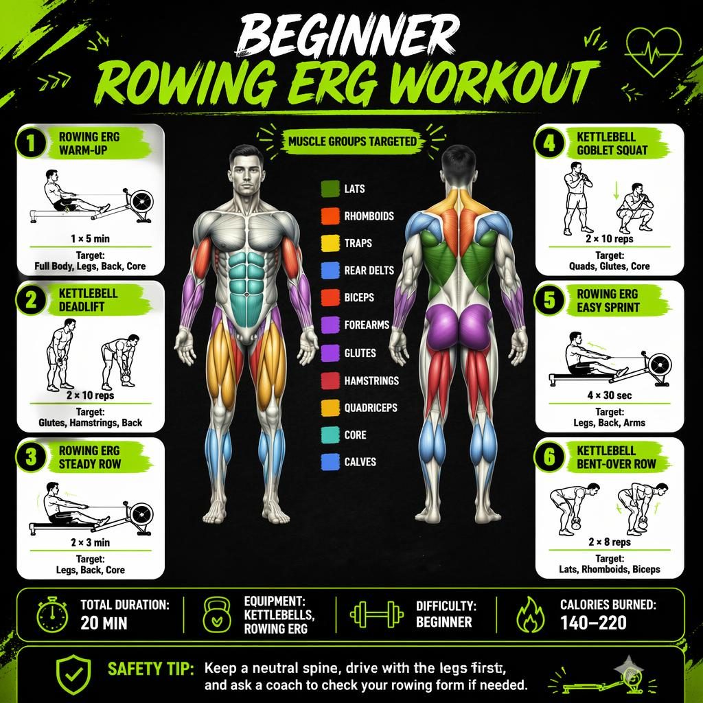 Neon green and black workout infographic with front and back muscle map and 6 beginner rowing erg exercises.