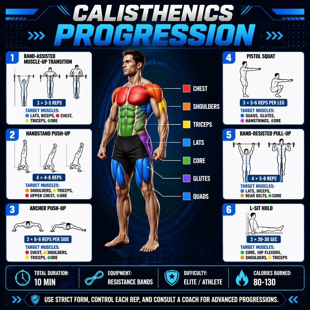 Infographie de routine de gym en bleu montrant un athlète central, muscles ciblés colorés et 6 cartes d’exercices.