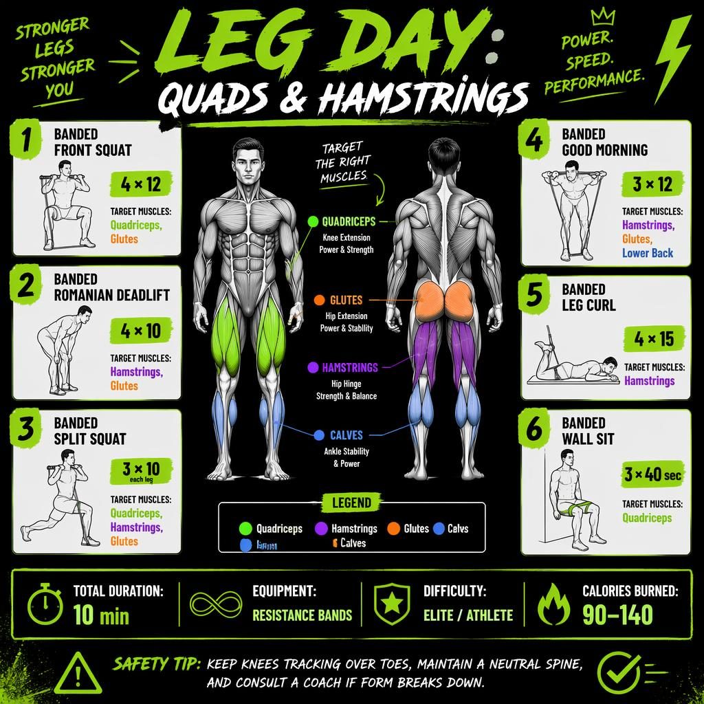 Leg day workout infographic with front and back anatomy figure, 6 band exercises, quick stats, and safety tip in neon green.