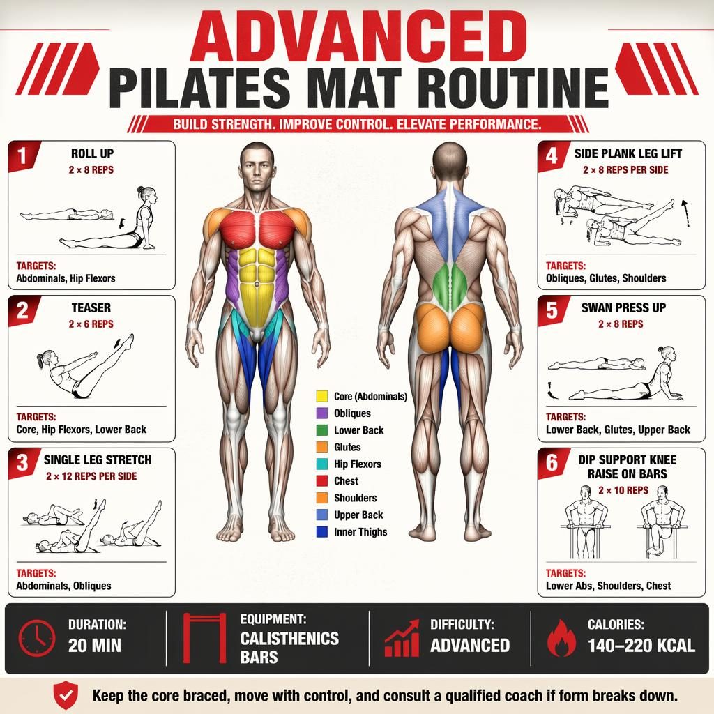 Advanced Pilates mat routine infographic with anatomy figure, 6 exercise cards, muscle highlights, stats strip, and safety tip.