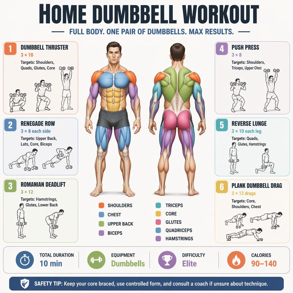 Fitness infographic with front and back anatomy views, 6 dumbbell exercise cards, muscle highlights, stats strip, and safety tip.