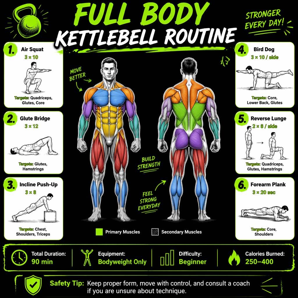 Fitness infographic poster with anatomical front-back figure, highlighted muscles, 6 exercise cards, legend, stats strip, and safety tip.