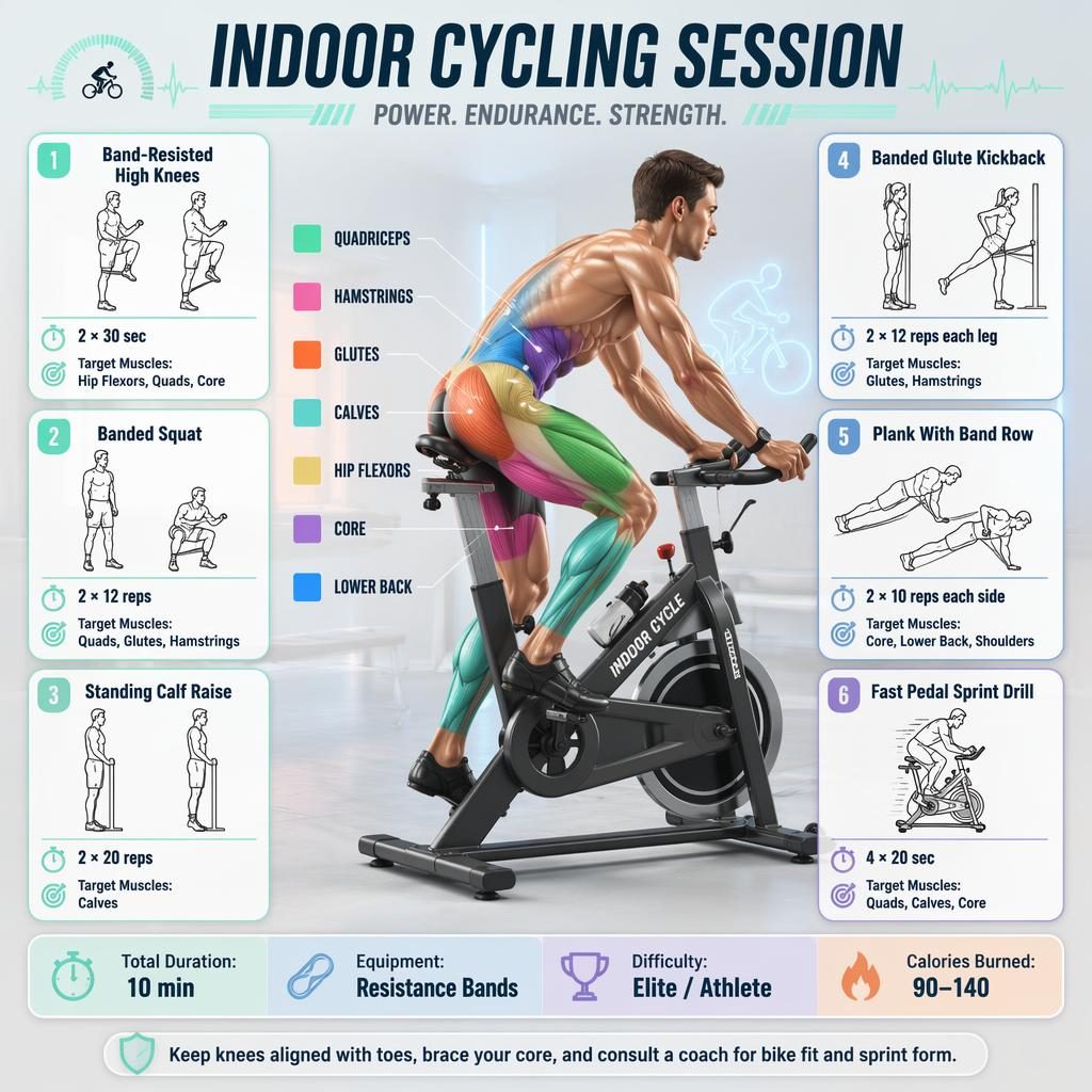 Isometric indoor cycling workout infographic with athlete figure, highlighted muscle groups, 6 exercise cards, and stats strip.