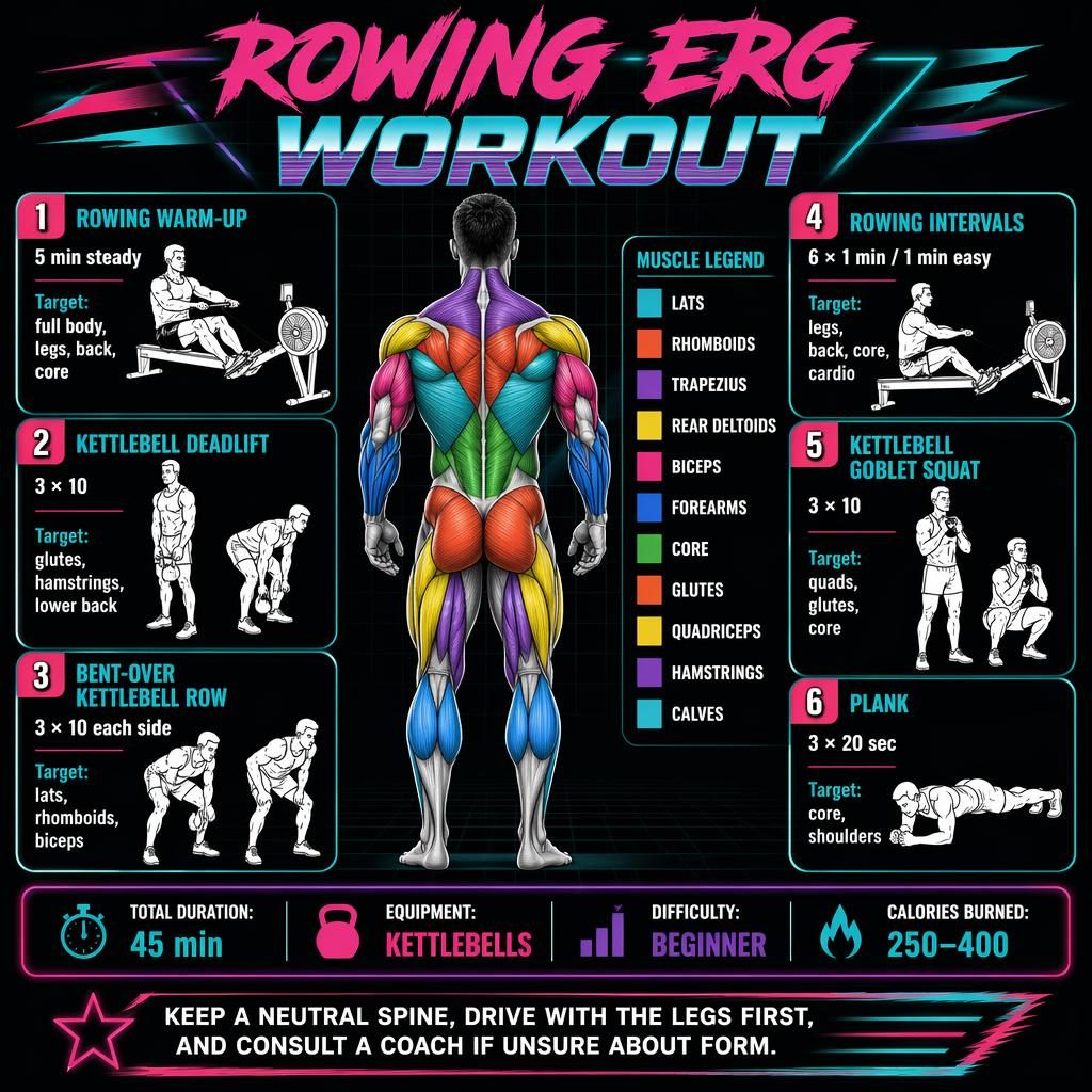 Dark-mode rowing erg workout infographic with anatomy figure, highlighted muscles, 6 exercise cards, stats strip, and safety tip.