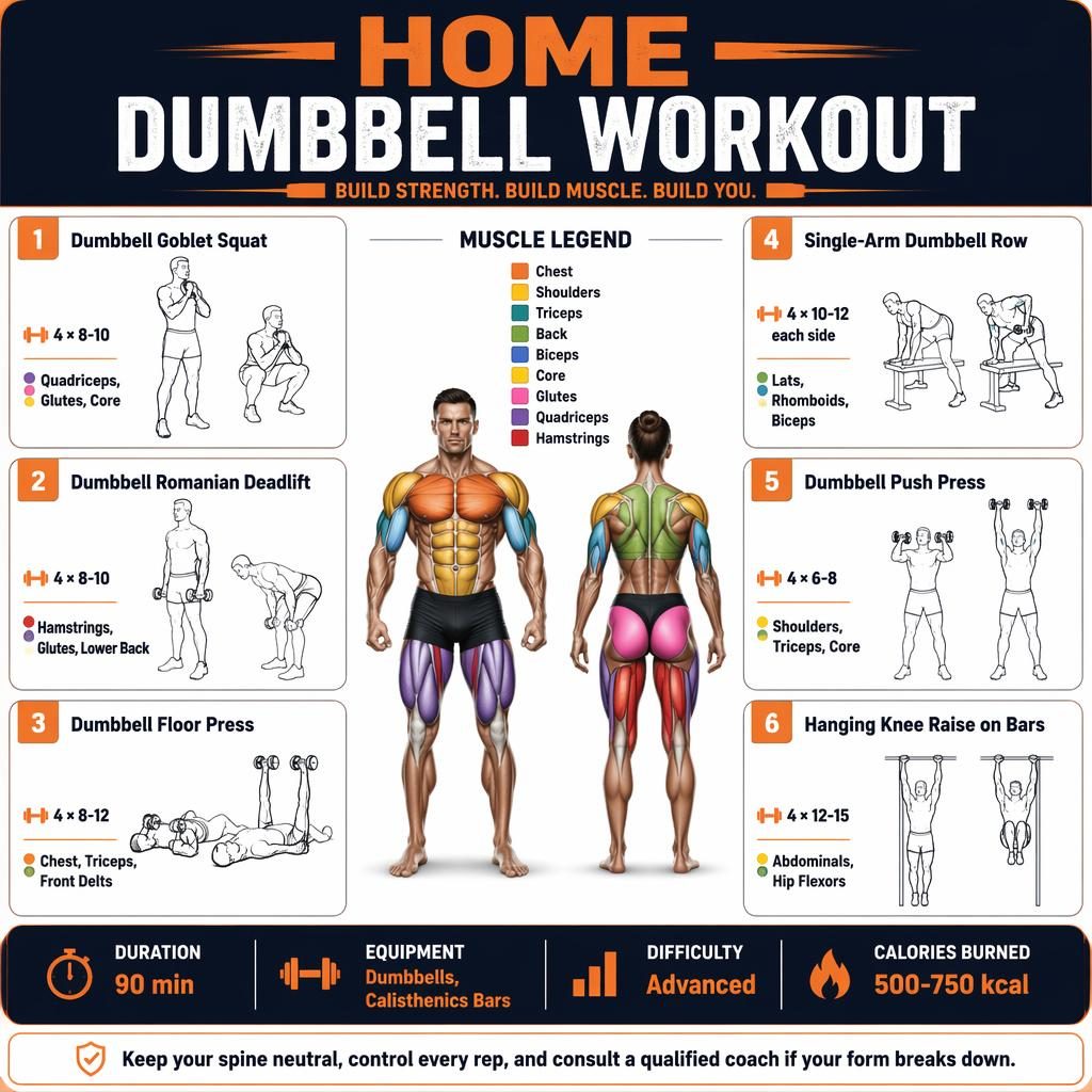 Home Dumbbell Workout infographic with male and female anatomy figures, 6 dumbbell exercise cards, muscle highlights, and stats.