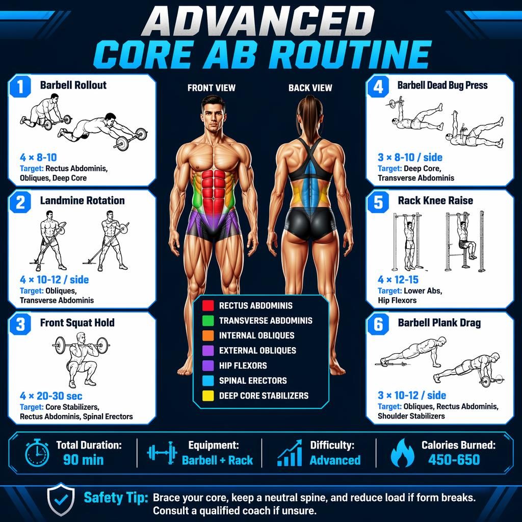 Advanced core ab routine infographic with front and back fitness figures, highlighted muscles, 6 exercise cards, and stats strip