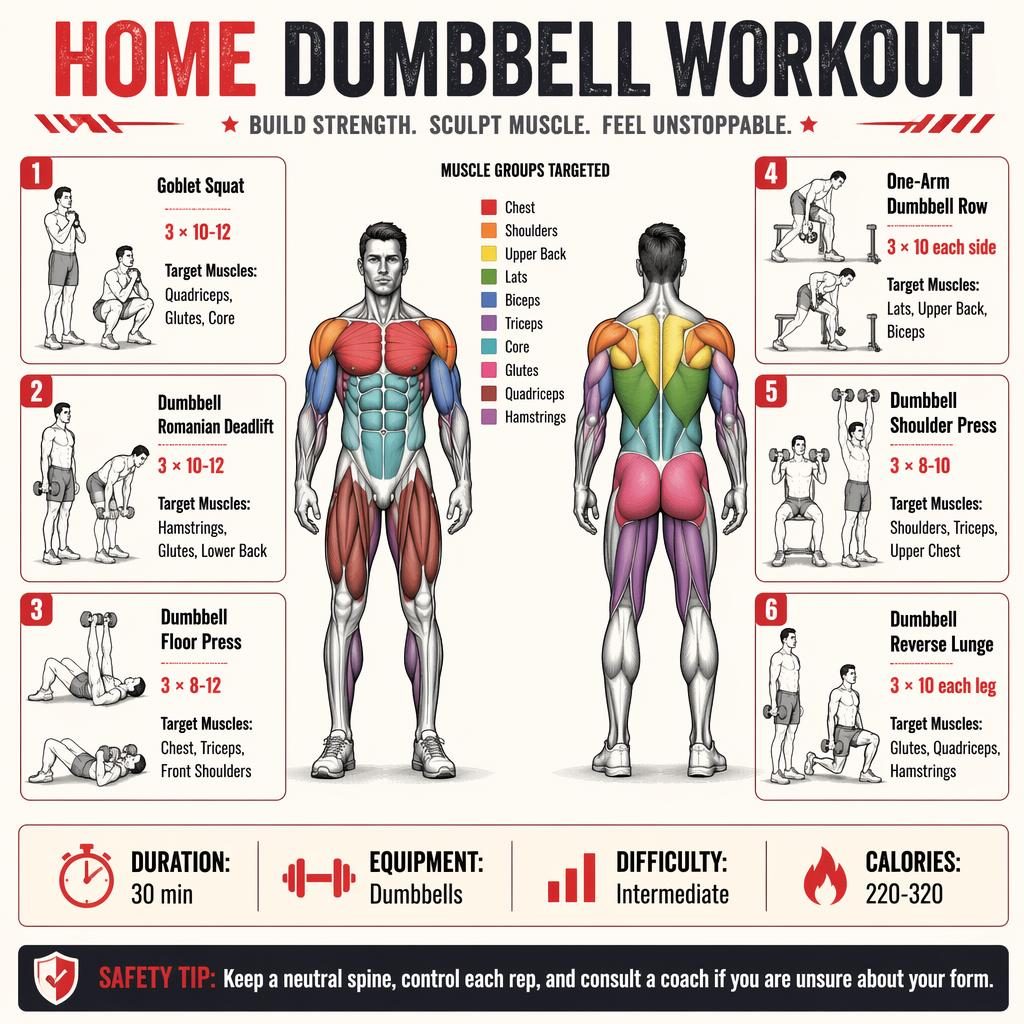 Home dumbbell workout infographic with front and back anatomy figure, 6 exercise cards, muscle highlights, and stats strip.