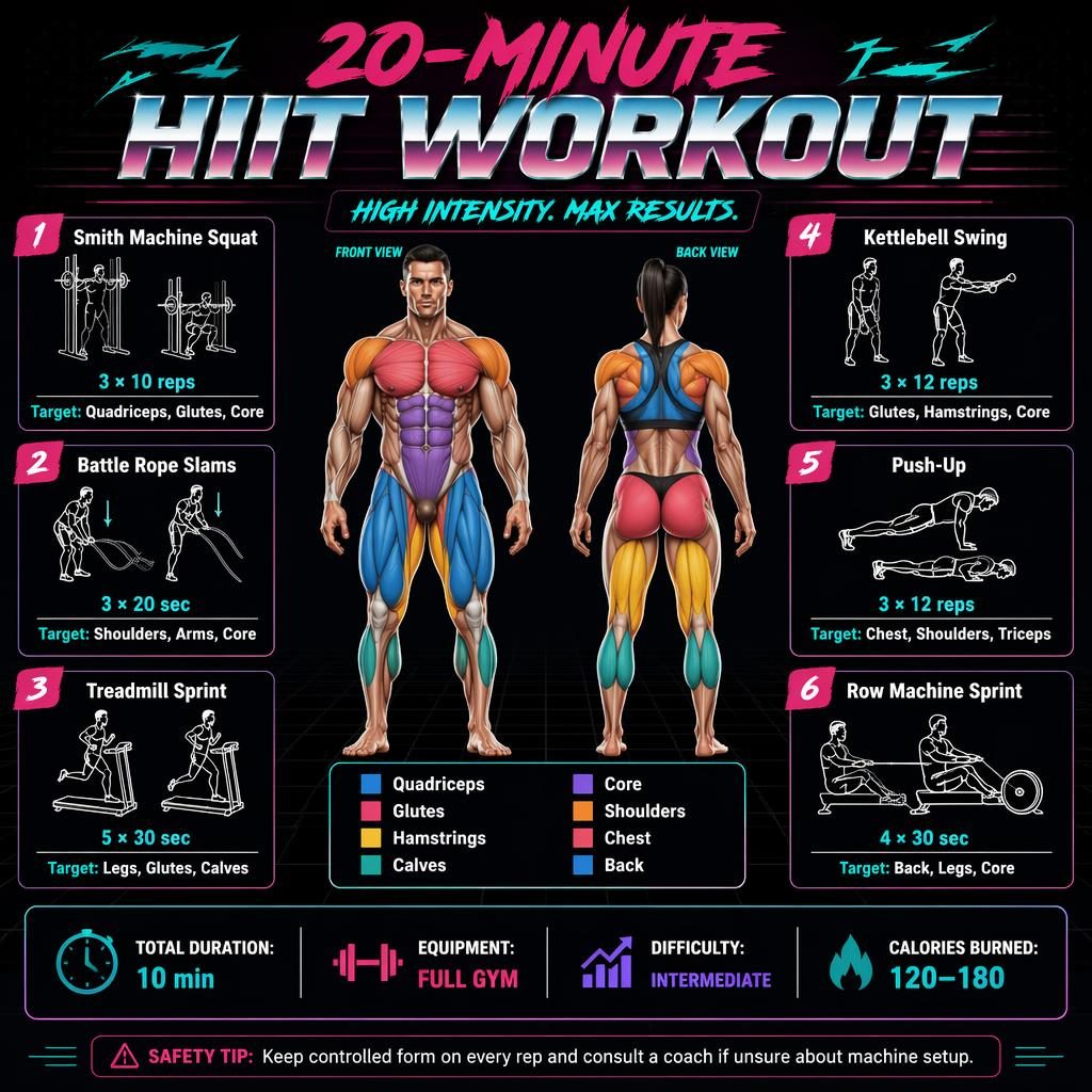 Retro dark-mode HIIT workout infographic with anatomical figures, 6 exercise cards, stats strip, and safety tip.