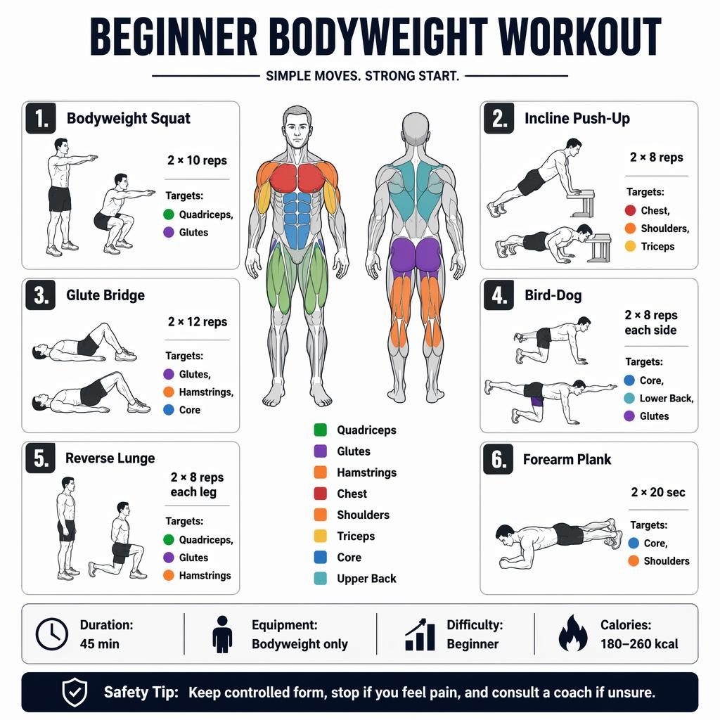 Beginner bodyweight workout infographic with anatomical muscle map, 6 exercise cards, quick stats, and safety tip.