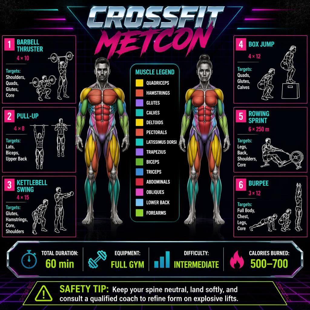 Dark mode CrossFit Metcon workout infographic with male and female anatomy figures, 6 exercise cards, muscle highlights, and stats.