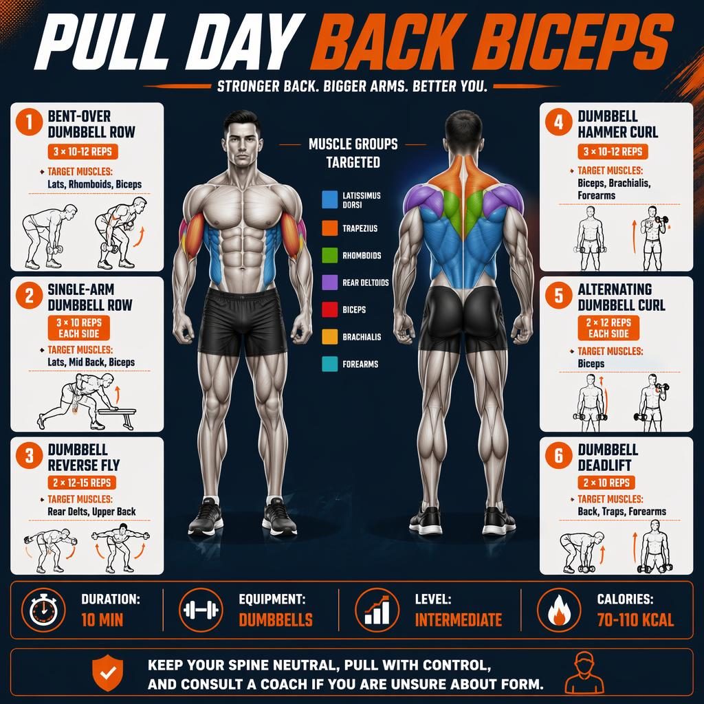 Modern pull day workout infographic with front and back anatomy figure, 6 dumbbell exercises, stats strip, and safety tip.