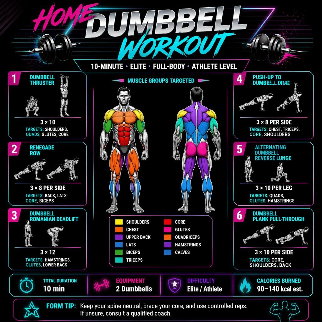 Dark retro fitness infographic showing a 10-minute home dumbbell workout with 6 exercise cards and muscle map figures.