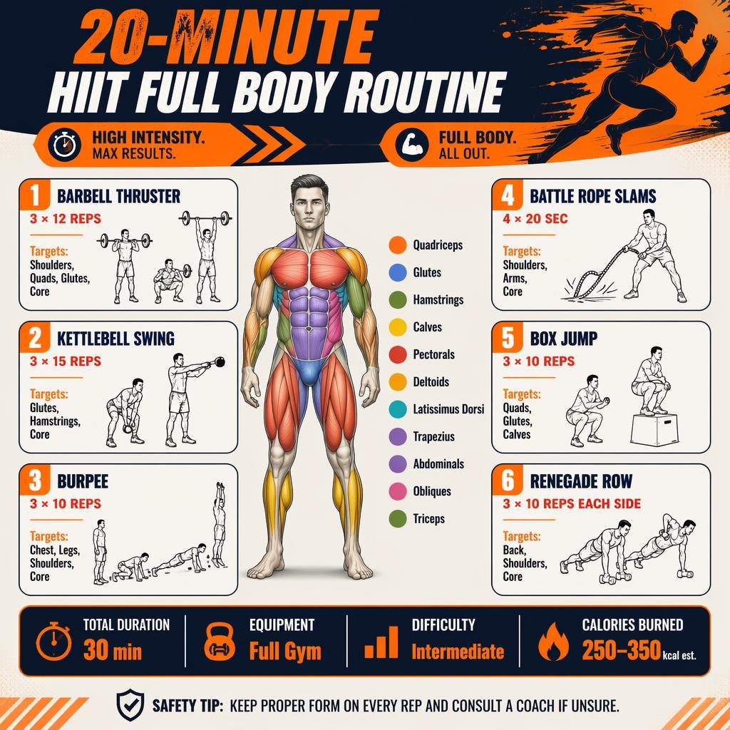 Infographie fitness HIIT 20 minutes avec silhouette athlétique, muscles ciblés colorés et 6 cartes d’exercices en anglais.