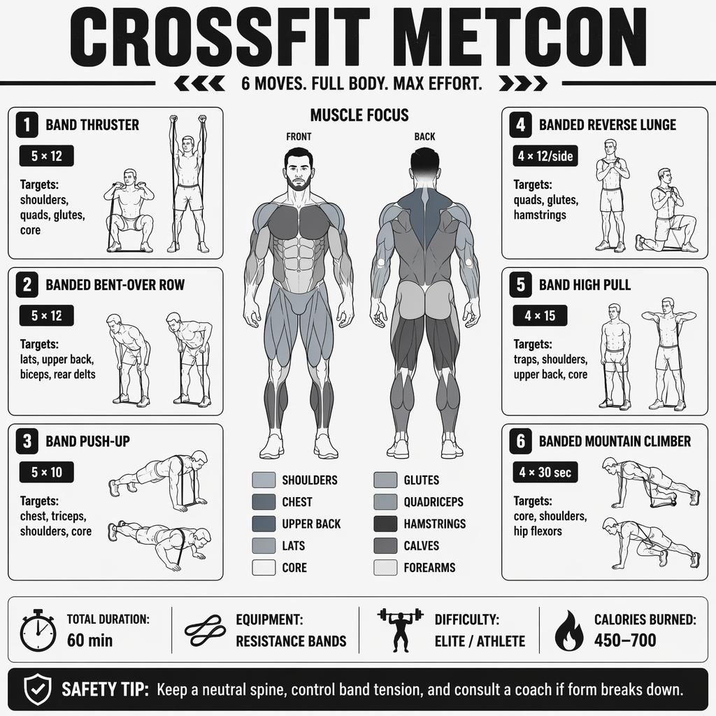Workout routine infographic titled "CrossFit Metcon". Create a fitness/workout infographic poster for a home gym wall, w