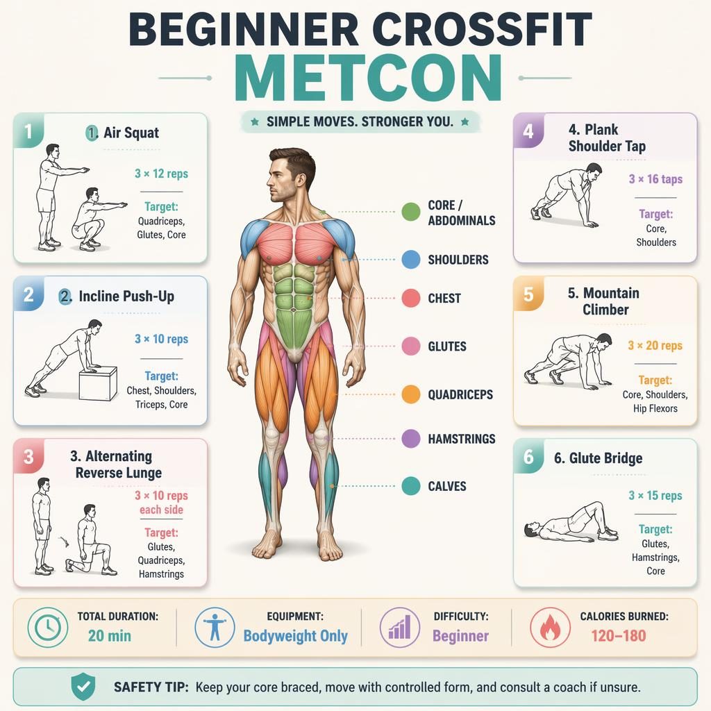 Pastel fitness infographic with anatomical figure, highlighted muscles, 6 beginner CrossFit exercises, stats strip, and safety tip.