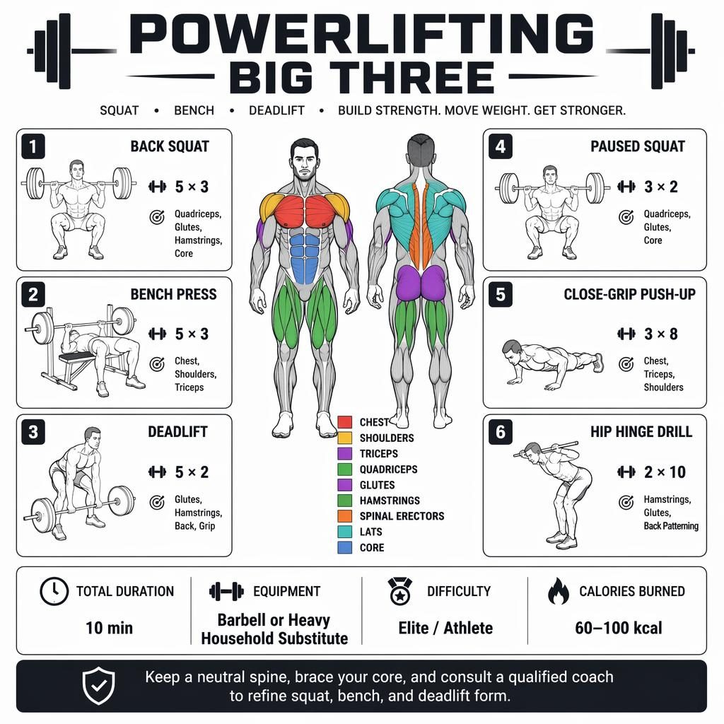 Monochrome workout infographic with anatomical figure, 6 powerlifting exercise cards, muscle highlights, stats strip, and safety tip.