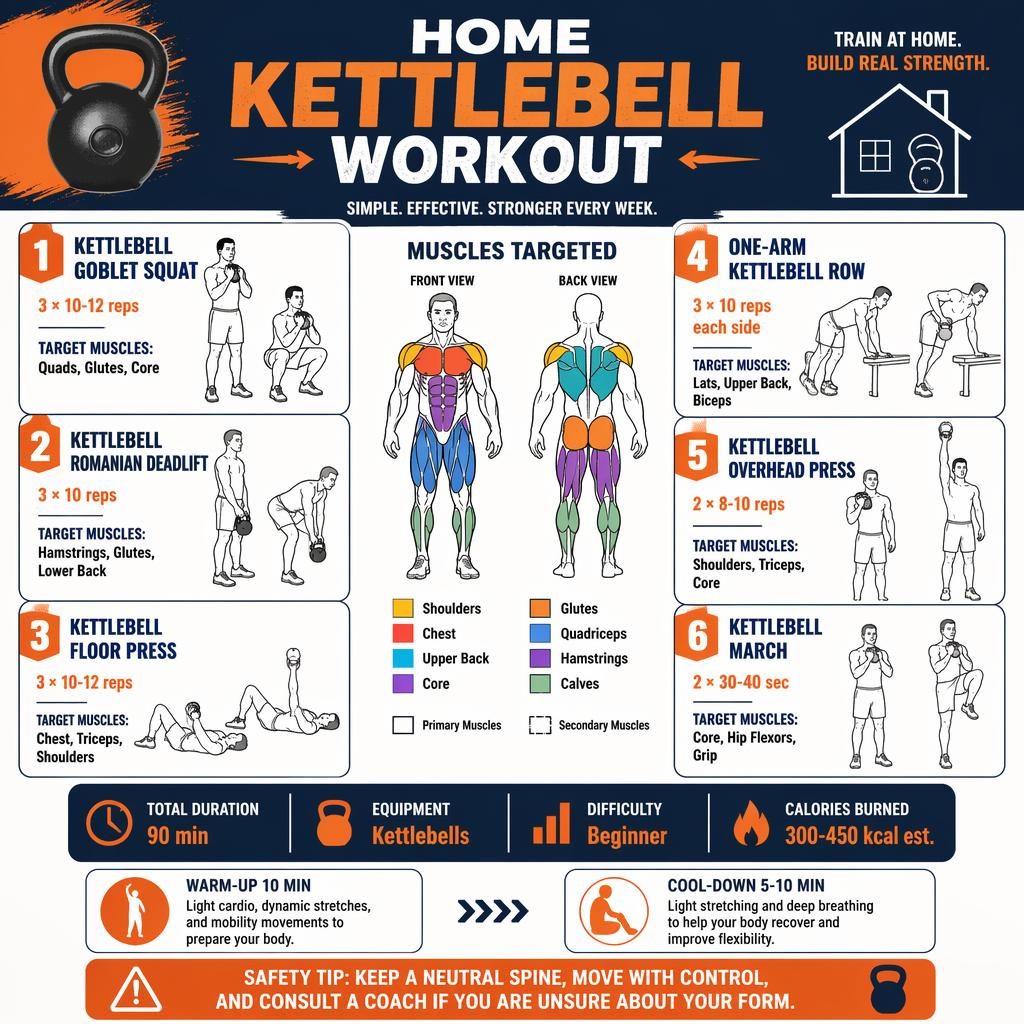 Full-page home kettlebell workout infographic with anatomy figure, 6 exercise cards, muscle highlights, and stats strip.