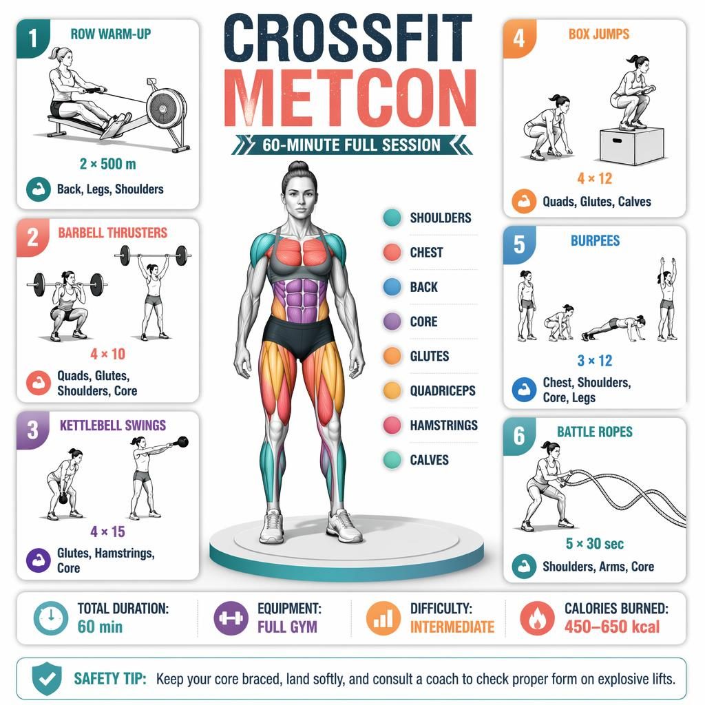 Isometric CrossFit Metcon workout infographic with central athletic figure, highlighted muscles, 6 exercise cards, stats strip, and safety tip.