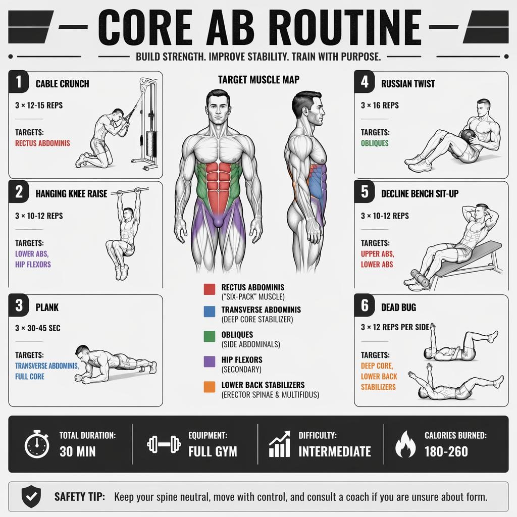 Minimal workout infographic with anatomical core figure and 6 ab exercise cards, stats strip, and safety tip.