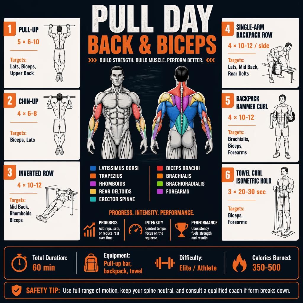 Modern pull day workout infographic with front and back muscle figure, 6 exercise cards, stats strip, and safety tip.