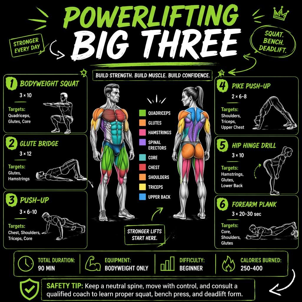 Infographie fitness sur fond noir avec accents vert néon, figures anatomiques homme et femme et 6 cartes d’exercices.