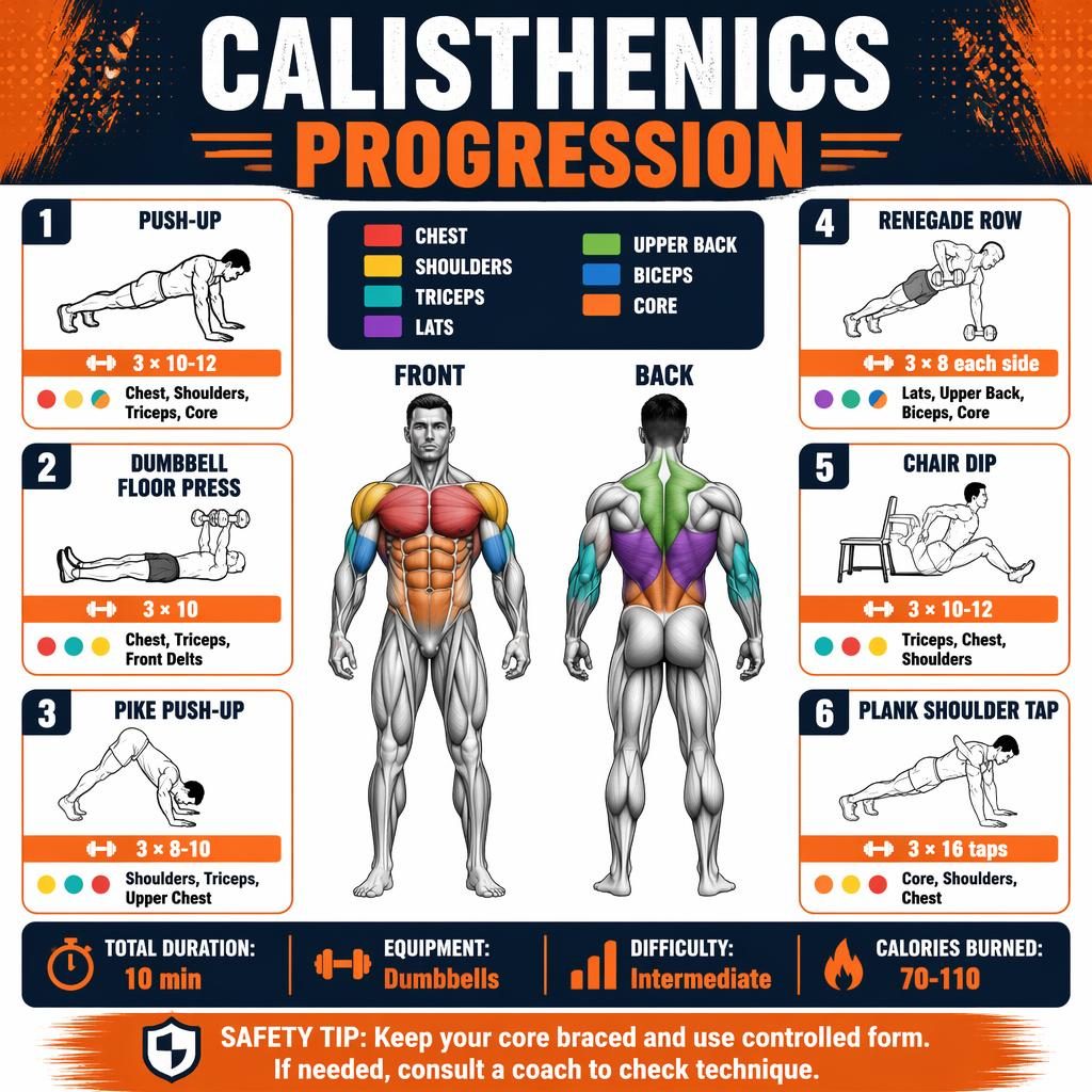 Modern workout infographic with front and back anatomy figure, 6 exercise cards, muscle highlights, quick stats, and safety tip.