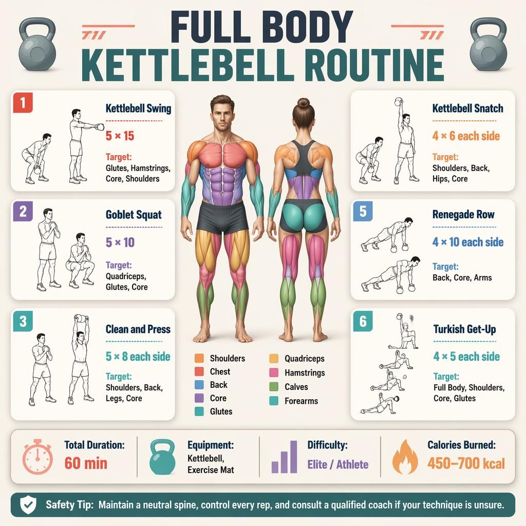 Infographie fitness isométrique 3D avec figure anatomique homme-femme et 6 exercices kettlebell autour.