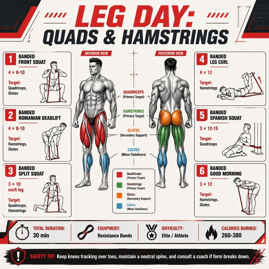 Infographie workout leg day avec figure anatomique avant/arrière, 6 exercices avec bandes et statistiques en anglais.