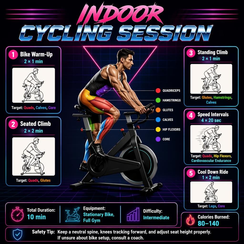 Retro dark-mode indoor cycling infographic with athletic rider, highlighted leg and core muscles, 5 exercise cards, and stats.