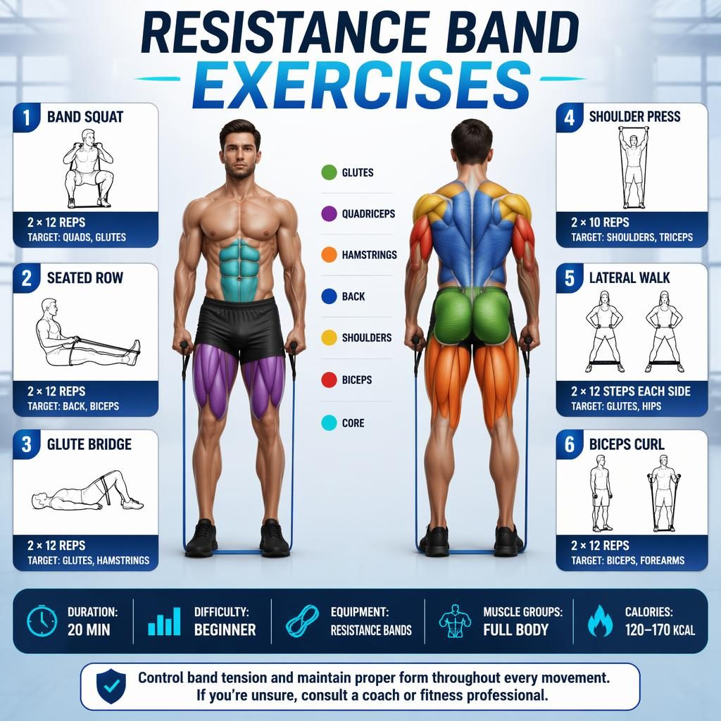 Moderní fitness infografika s anatomickou postavou zepředu i zezadu a 6 cviky s gumou kolem postavy.