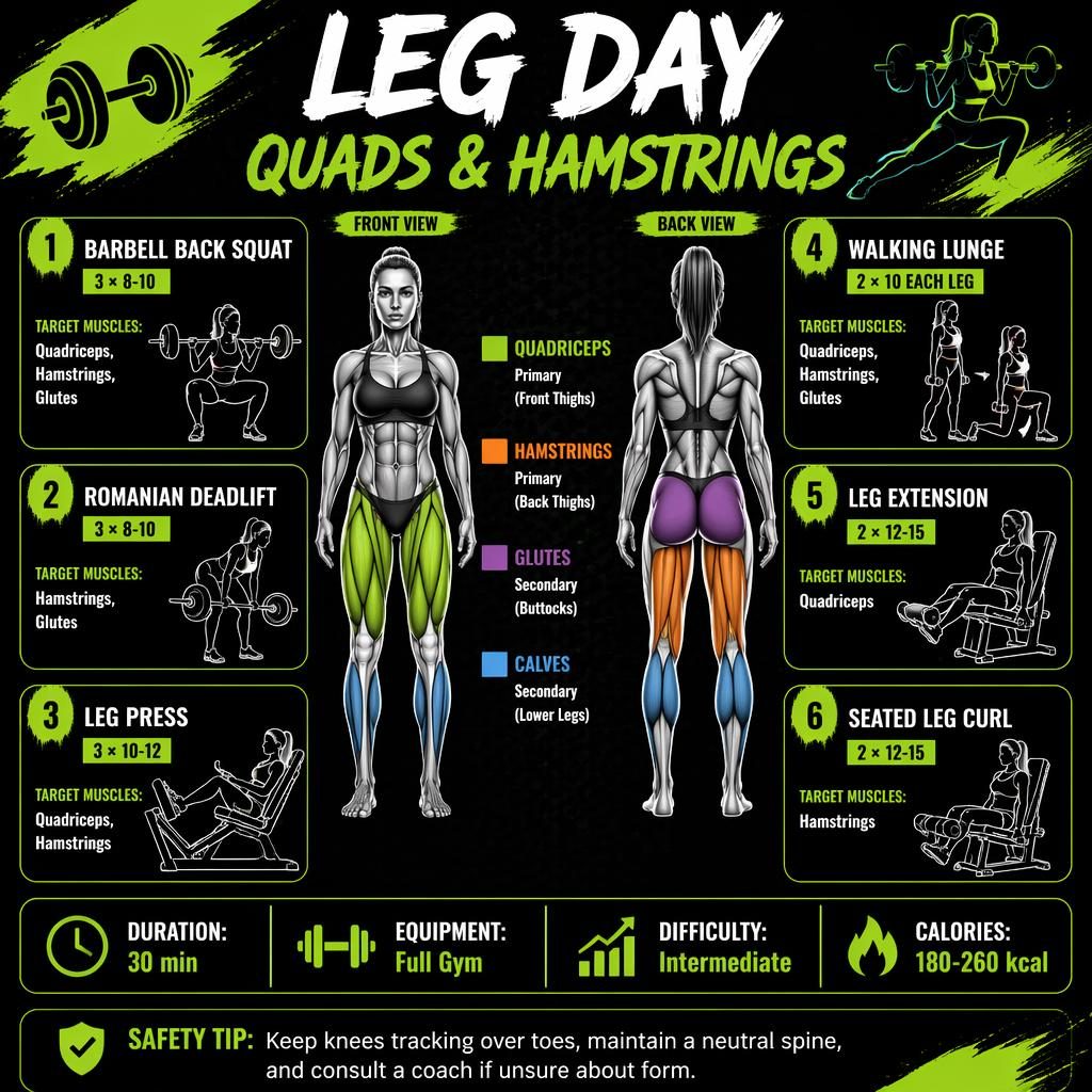 Leg day workout infographic with front and back anatomy views, quad and hamstring highlights, and 6 exercise cards.