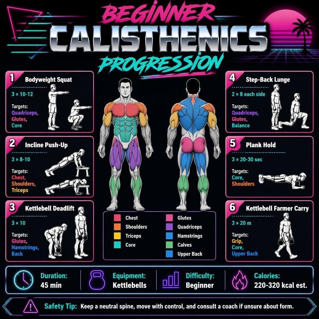 Retro fitness infographic with anatomical front-back figure, 6 exercise cards, stats strip, and safety tip in neon dark mode.