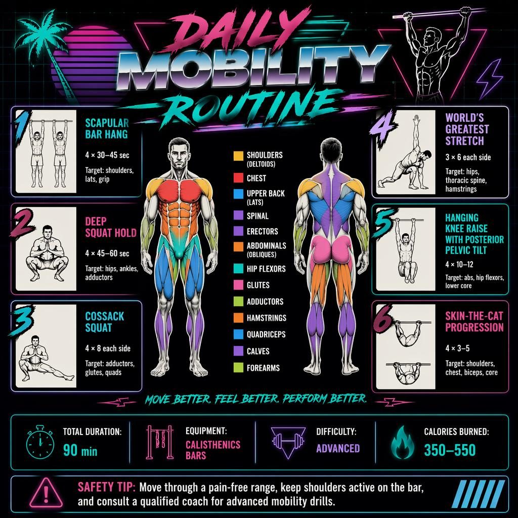 Retro dark-mode mobility workout infographic with front and back anatomy figure, 6 exercise cards, stats strip, and safety tip.