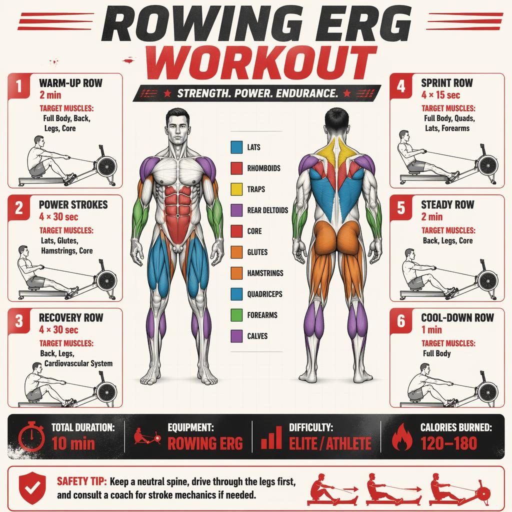 Anatomical rowing erg workout infographic with front and back muscle views, 6 exercise cards, stats strip, and safety tip.