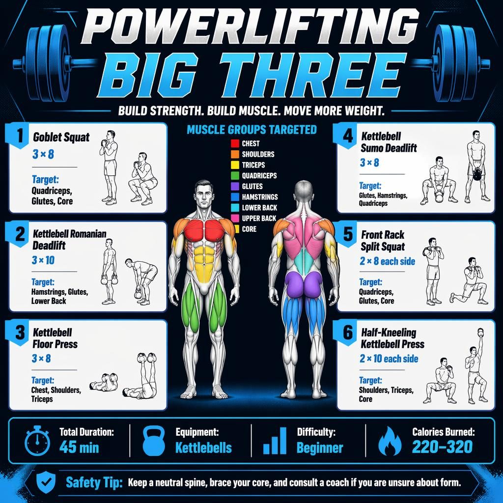 Blue fitness infographic with front and back anatomy figure, 6 kettlebell exercise cards, stats strip, and safety tip.