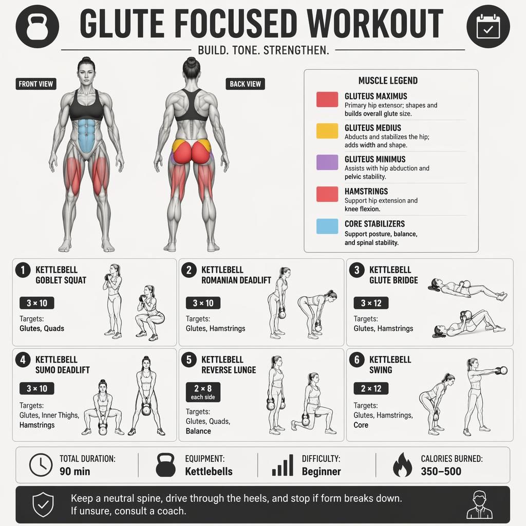 Minimal workout infographic with front and back anatomy, 6 kettlebell glute exercises, stats strip, and safety tip.