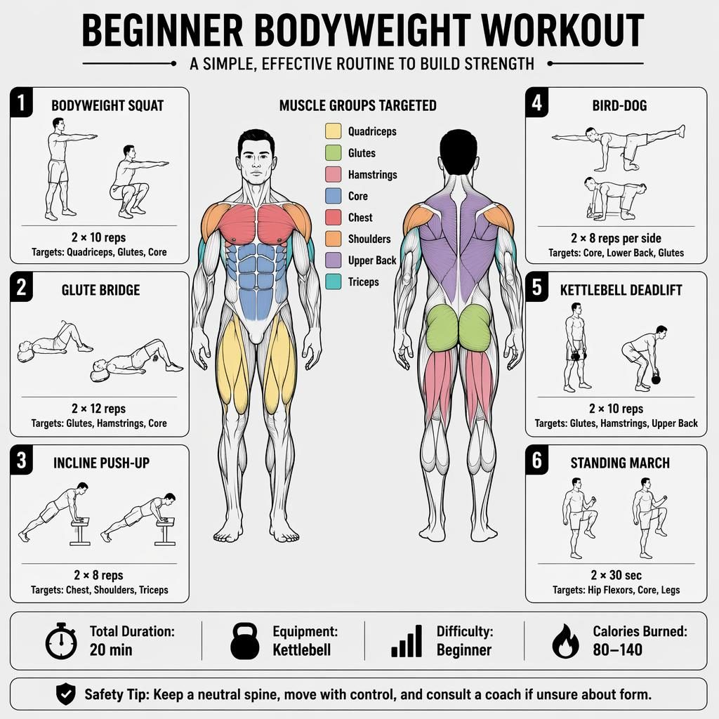 Beginner bodyweight workout infographic with anatomical front and back figures, 6 exercise cards, stats strip, and safety tip.