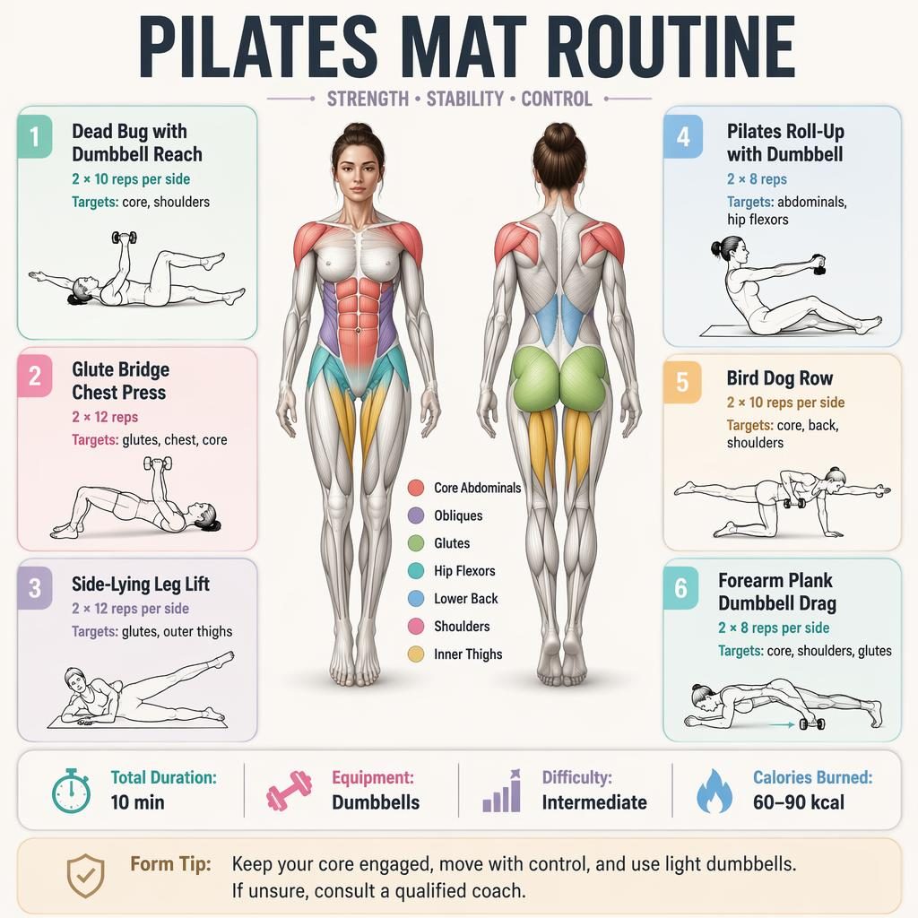 Pilates mat routine infographic with front and back anatomy figure, 6 exercise cards, muscle highlights, stats strip, and safety tip.