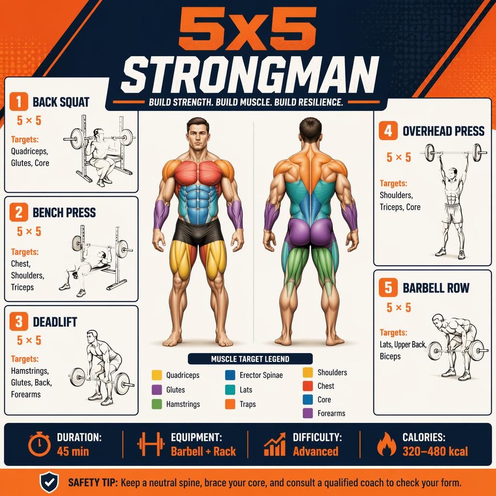 Modern fitness infographic with front and back male anatomy, 5x5 lifts, muscle highlights, exercise cards, and stats.