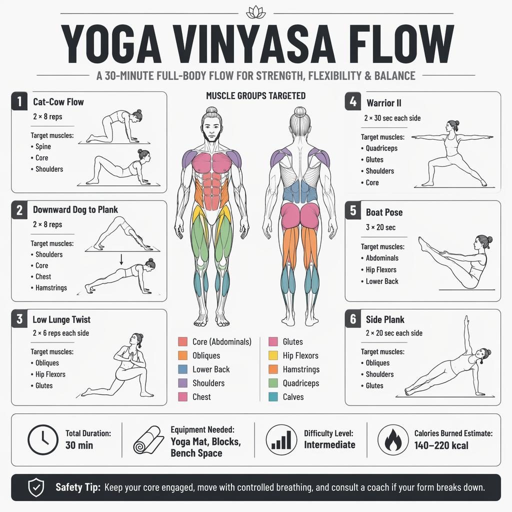 Monochrome Yoga Vinyasa Flow workout infographic with front-back muscle map, 6 exercise cards, stats strip, and safety tip.