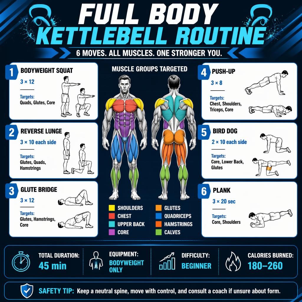 Blue gym-style infographic with front and back anatomy figure and 6 bodyweight exercises in a kettlebell-inspired routine.