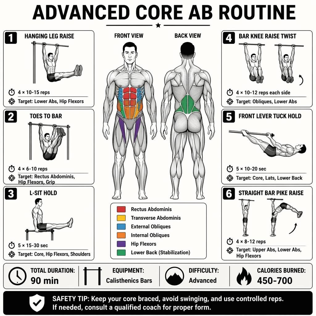 Advanced core ab routine infographic with anatomical front and back figures, 6 exercise cards, stats strip, and safety tip.