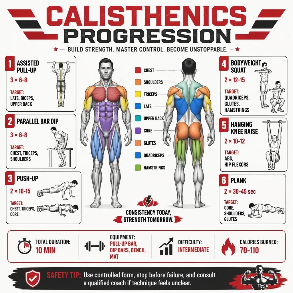 Calisthenics progression infographic with anatomical front and back figures, 6 exercise cards, muscle highlights, and stats.