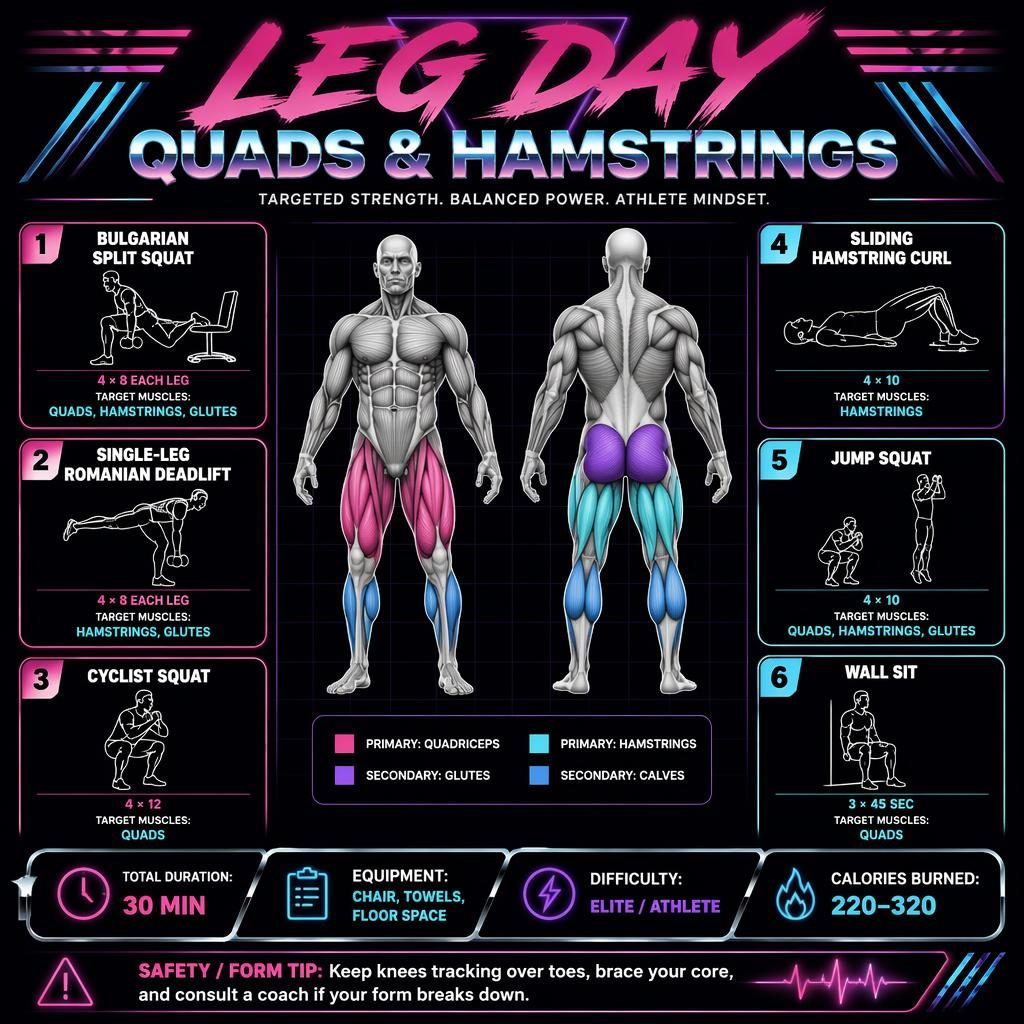 Retro dark-mode leg day workout infographic with anatomy figure, 6 exercise cards, stats strip, and safety tip.