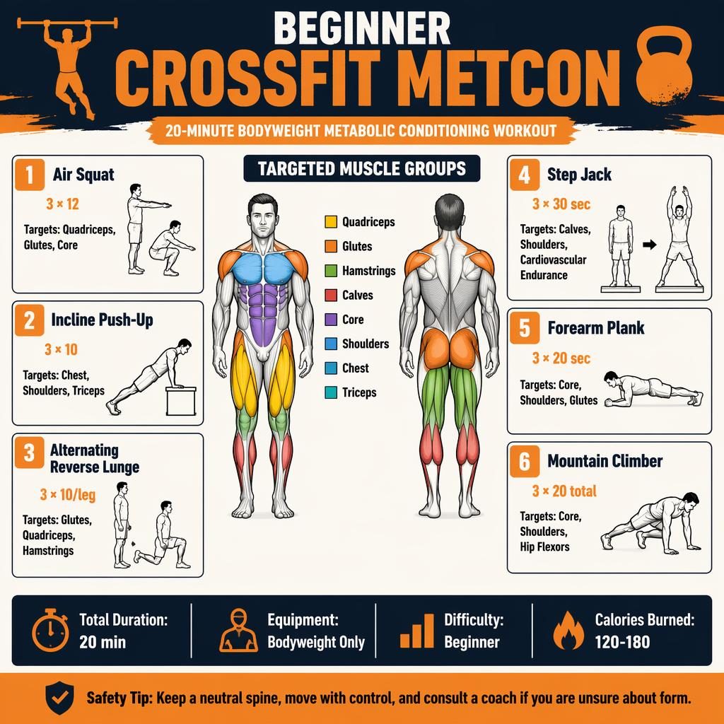 Workout infographic with front and back athletic figures, highlighted muscles, 6 beginner bodyweight exercise cards, and stats.