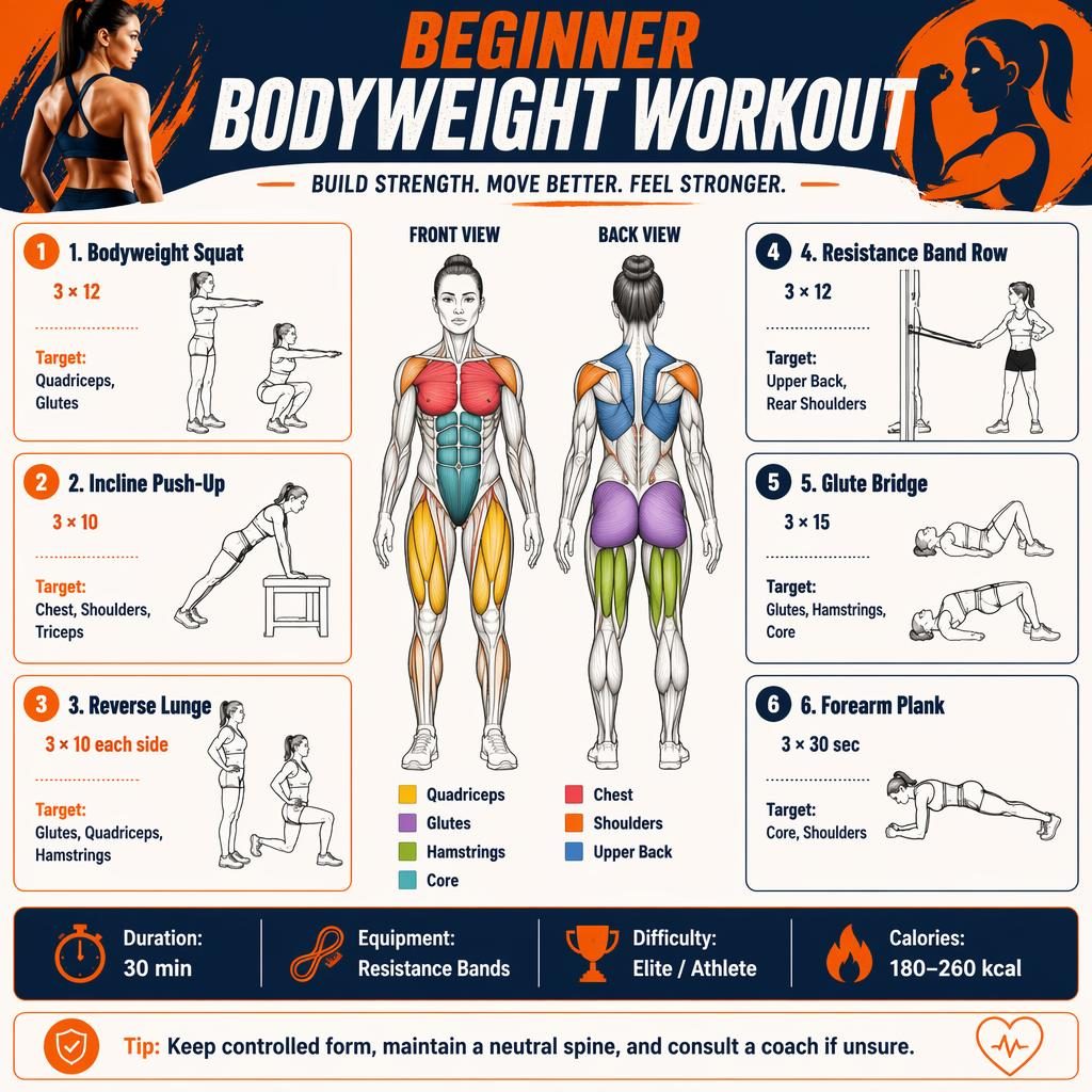 Workout infographic with front and back female anatomy figure, highlighted muscles, 6 exercise cards, and fitness stats.